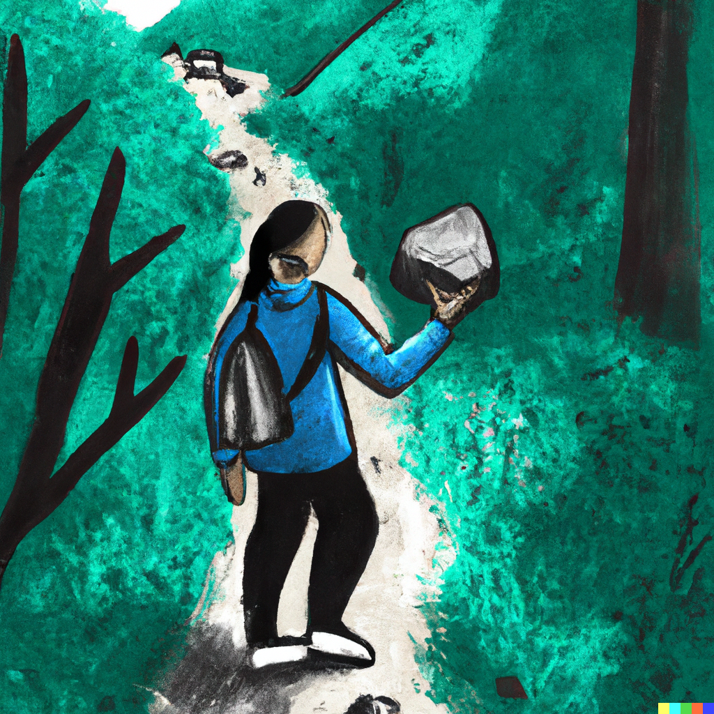 AI Generated Image of a Hiker Looking at a Stone She Picked Up